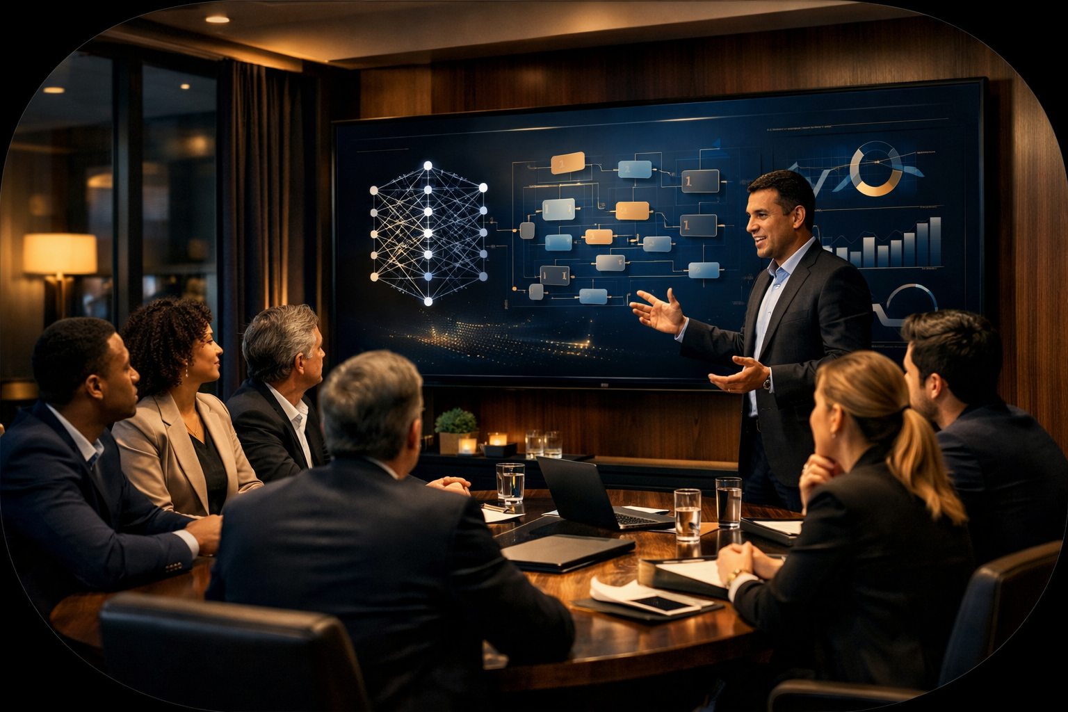 Equipe corporativa apresentando resultados em reunião